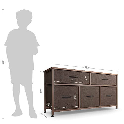 CubiCubi Dresser for Bedroom, Tall Wide Storage Organizer 5 Drawer Dresser for Bedroom Hallway, Sturdy Steel Frame Wood Top, Brown