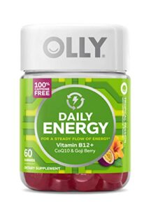 olly daily energy gummy, caffeine free, vitamin b12, coq10, goji berry, adult chewable supplement, tropical flavor – 60 count