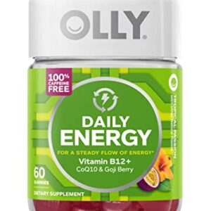 OLLY Daily Energy Gummy, Caffeine Free, Vitamin B12, CoQ10, Goji Berry, Adult Chewable Supplement, Tropical Flavor - 60 Count