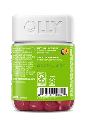 OLLY Daily Energy Gummy, Caffeine Free, Vitamin B12, CoQ10, Goji Berry, Adult Chewable Supplement, Tropical Flavor - 60 Count