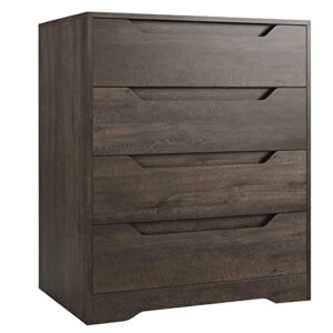 hostack modern 4 drawer dresser, chest of drawers with storage, wood clothing organizer with cut-out handles, accent storage cabinet for living room, bedroom, hallway, dark brown