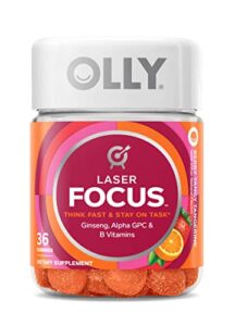 olly laser focus gummy 18 day supply gummies ginseng alpha gpc b vitamins chewable supplement, berry tangy tangerine, 36 count