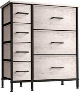 sorbus dresser with 7 faux wood drawers – storage unit organizer chest for clothes – bedroom, hallway, living room, closet, & dorm furniture – steel frame, wood top, & easy pull fabric bins