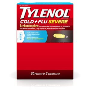 tylenol cold + flu severe medicine caplets for fever & cough relief, red, 2 count, pack of 50
