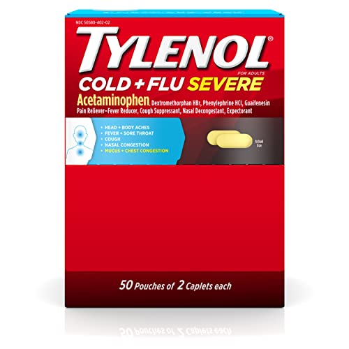 Tylenol Cold + Flu Severe Medicine Caplets for Fever & Cough Relief, Red, 2 Count, Pack of 50