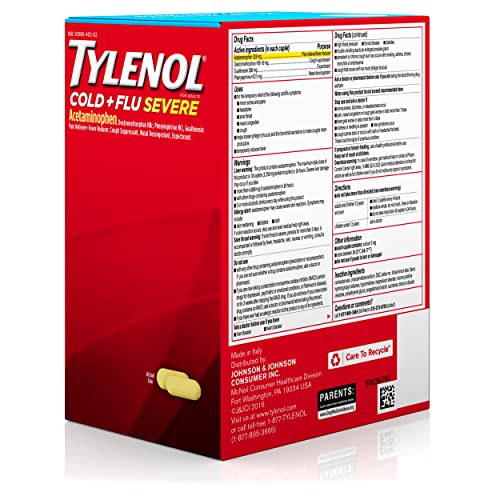 Tylenol Cold + Flu Severe Medicine Caplets for Fever & Cough Relief, Red, 2 Count, Pack of 50