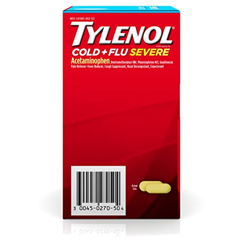 Tylenol Cold + Flu Severe Medicine Caplets for Fever & Cough Relief, Red, 2 Count, Pack of 50