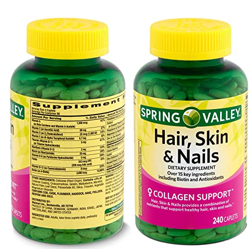 Support Healthy Hair, Skin, and Nails with Spring Valley Supplement. Includes Luall Fridge Magnetic (Hair, Skin & Nails 240 Caplets)