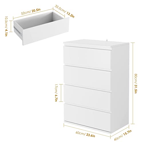 FOTOSOK 4 Drawer Dresser, Modern Storage Chest of Drawers 23.6L x 15.7W x 31.5H in, Nightstand File Cabinet with 4 Drawers for Home Office, White