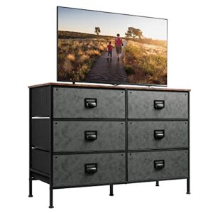 wlive wide dresser with 6 drawers, industrial tv stand for 50″ tv, entertainment center with metal frame, wooden top, fabric storage dresser for bedroom, hallway, entryway, black