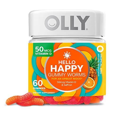 OLLY Hello Happy Gummy Worms, Mood Balance Support, Vitamin D, Saffron, Adult Chewable Supplement, Tropical Zing - 60 Count