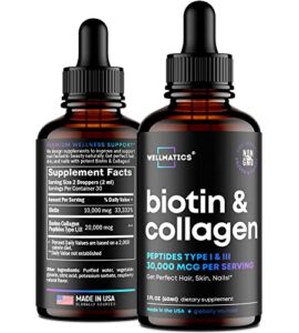 biotin & collagen drops – premium hair growth treatment – liquid collagen for women & men – made in usa – biotin vitamins for hair, skin and nails – hair loss biotin and collagen supplement – 2 fl oz
