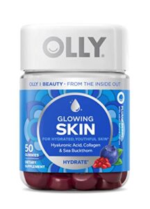 olly glowing skin gummy, 25 day supply (50 count), plump berry, hyaluronic acid, collagen, sea buckthorn, chewable supplement (packaging may vary)