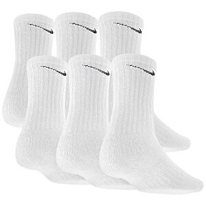 NIKE Dri-Fit Classic Cushioned Crew Socks 6 PAIR White with Black Swoosh Logo) LARGE 8-12
