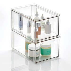 mdesign plastic stackable bathroom storage organizer bin with pull out drawer for cabinet, vanity, shelf, cupboard, cabinet, or closet organization – lumiere collection – 2 pack – clear