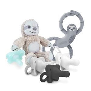 dr. brown’s happypaci 100% silicone pacifier, flexees beaded teether rings, and lovey pacifier holder & teether clip, grey sloth