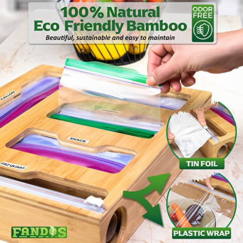 FANDOS Bamboo Ziplock Bag Organizer for Drawer- Organizer for Ziplock Bags - 5in1 Zip Lock Bag Storage Organizer for Plastic Wrap/Gallon/Quart/Snack/Sandwich Bag Organizer - Plastic Bag Organizer