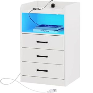 superjare nightstand with led strip light and charging station – 3 drawers bedroom end table, 2 usb ports, 2 outlets, bed side table with remote, open storage, metal handles – white
