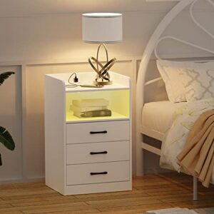 SUPERJARE Nightstand with LED Strip Light and Charging Station - 3 Drawers Bedroom End Table, 2 USB Ports, 2 Outlets, Bed Side Table with Remote, Open Storage, Metal Handles - White