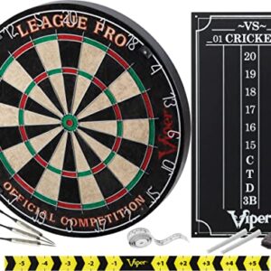 Viper League Pro Regulation Bristle Steel Tip Dartboard Starter Set with Staple-Free Bullseye, Radial Spider Wire, High-Grade Sisal with Rotating Number Ring, Chalk Cricket Scoreboard, Steel Tip Darts