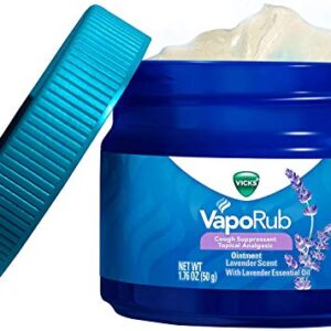 Vicks VapoRub, Lavender Scent, Cough Suppressant, Topical Chest Rub & Analgesic Ointment, Medicated Vicks Vapors, Relief From Cough Due to Cold, Aches & Pains, 1.76oz