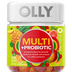 OLLY Multi + Probiotic Adult Multivitamin Gummy, 35 Day Supply (70 Gummies), Tropical Twist, 1 Billion CFUs, Digestive and Immune Support Chewable Supplement