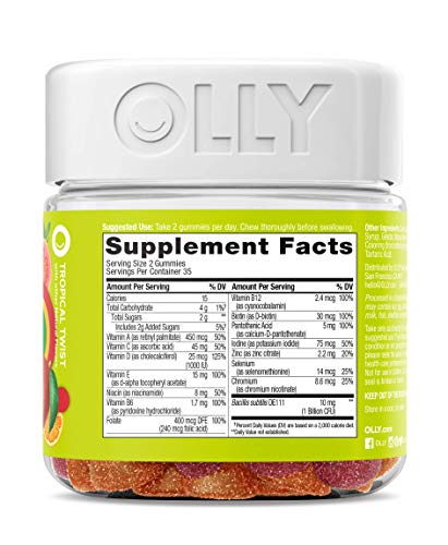 OLLY Multi + Probiotic Adult Multivitamin Gummy, 35 Day Supply (70 Gummies), Tropical Twist, 1 Billion CFUs, Digestive and Immune Support Chewable Supplement