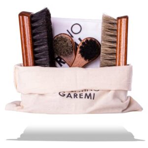 valentino garemi shoe care brush set – 2 polishing brushes, cloth, 2 applicators brush – genuine horse hair – footwear shine, polish, buff and clean – made in germany