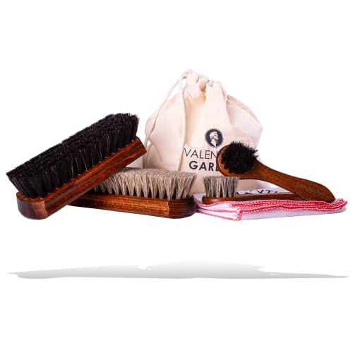 Valentino Garemi Shoe Care Brush Set - 2 Polishing Brushes, Cloth, 2 Applicators Brush - Genuine Horse Hair - Footwear Shine, Polish, Buff and Clean - Made in Germany
