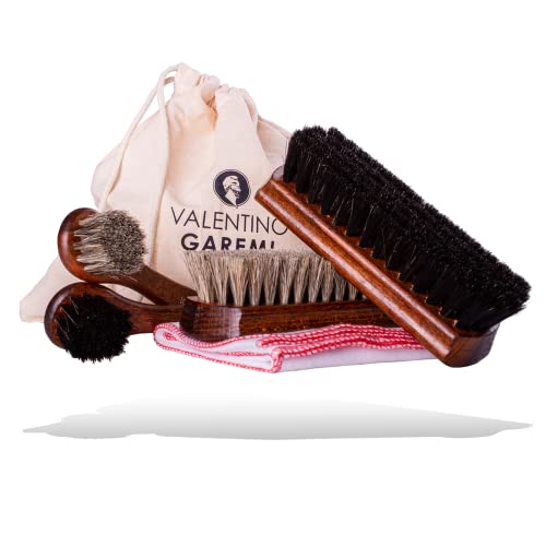 Valentino Garemi Shoe Care Brush Set - 2 Polishing Brushes, Cloth, 2 Applicators Brush - Genuine Horse Hair - Footwear Shine, Polish, Buff and Clean - Made in Germany