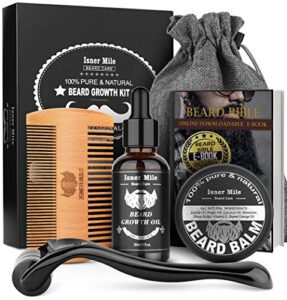 beard growth kit, derma roller kit, natural beard growth oil for patchy beard, beard & mustache facial hair growth, conditioner balm, handmade comb, storage bag, gifts for men him dad father boyfriend
