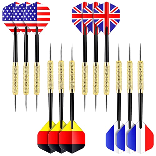 Ohuhu Steel Tip Darts, Professional Metal Darts with National Flag Flights (4 Styles) - Dart Metal Tip Set, 12 Pcs Metal Dart, Darts for Dartboard with 3 Free PVC Dart Rods