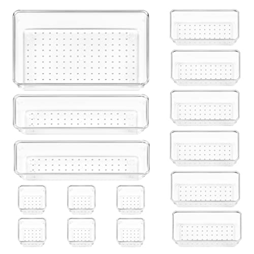 Vtopmart 15 PCS Clear Plastic Drawer Organizers Set, 4-Size Versatile Bathroom and Vanity Drawer Organizer Trays, Storage Bins for Makeup, Bedroom, Kitchen Gadgets Utensils and Office