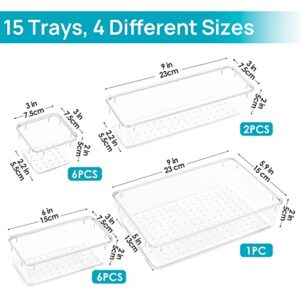 Vtopmart 15 PCS Clear Plastic Drawer Organizers Set, 4-Size Versatile Bathroom and Vanity Drawer Organizer Trays, Storage Bins for Makeup, Bedroom, Kitchen Gadgets Utensils and Office