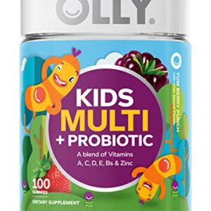 OLLY Kids Multivitamin + Probiotic Gummy, Digestive and Immune Support, Vitamins A, D, C, E, B, Zinc, Kids Chewable Supplement, Berry, 50 Day Supply - 100 Count (Pack of 1)