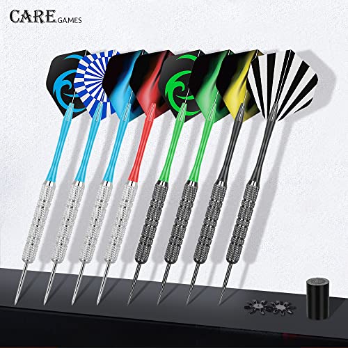 CareGames Steel Darts Set 12 Packs with 4 Colors Plastic Shafts,Extra Flights,Sharpener and Flight Protectors