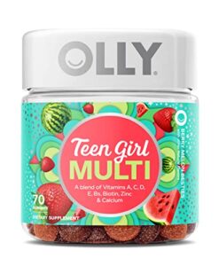 olly teen girl multi gummy, healthy skin and immune support, 15 essential vitamins, biotin, zinc, calcium, chewable multivitamin, berry melon, 35 day supply – 70 count