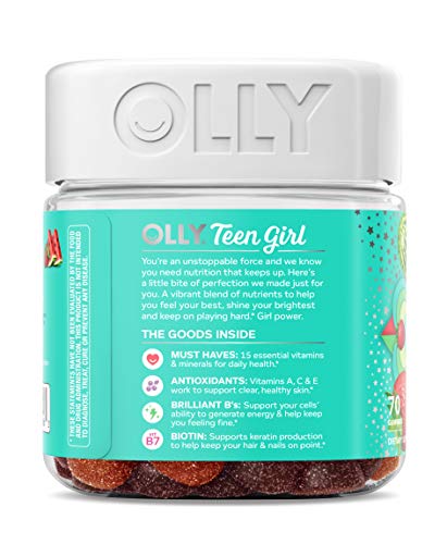 OLLY Teen Girl Multi Gummy, Healthy Skin and Immune Support, 15 Essential Vitamins, Biotin, Zinc, Calcium, Chewable Multivitamin, Berry Melon, 35 Day Supply - 70 Count