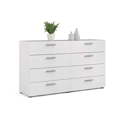 Levan Home Contemporary 8 Drawer Double Bedroom Dresser in White with Modern Silver Color Bar Handles