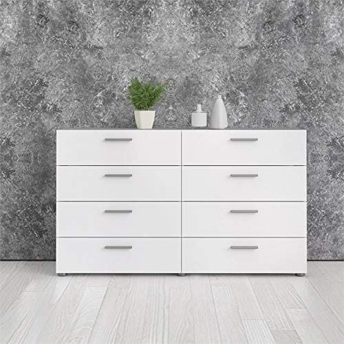 Levan Home Contemporary 8 Drawer Double Bedroom Dresser in White with Modern Silver Color Bar Handles