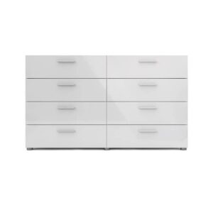 Levan Home Contemporary 8 Drawer Double Bedroom Dresser in White with Modern Silver Color Bar Handles