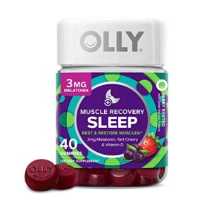 olly muscle recovery sleep gummies, sleep and sore muscle support, 3mg melatonin, tart cherry, vitamin d, berry flavor – 40 count