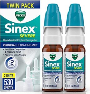 vicks sinex severe nasal spray, original ultra fine mist, decongestant medicine, relief from stuffy nose due to cold or allergy, & nasal congestion, sinus pressure relief, 265 sprays x 2