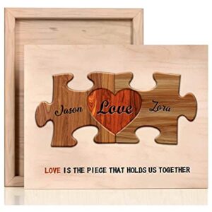 Bohva Personalized Couple Names Sign, Valentines Day Anniversary Wedding Gifts Idea for Him Her, Birthday Gift for Husband Wife Boyfriend Girlfriend, Custom Heart Puzzle Pieces Print On Wood