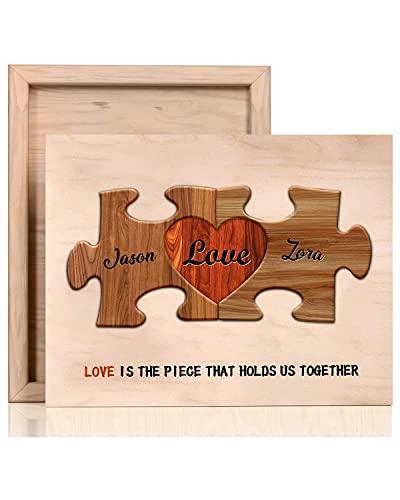 Bohva Personalized Couple Names Sign, Valentines Day Anniversary Wedding Gifts Idea for Him Her, Birthday Gift for Husband Wife Boyfriend Girlfriend, Custom Heart Puzzle Pieces Print On Wood