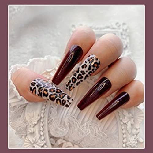 Dr Comfy Long French Press on Nails Coffin, Brown Ballerina Fake Nails with Leopard Print Design, Full Cover Acrylic False Nails for Women and Girls 24PCS…