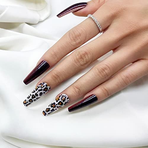 Dr Comfy Long French Press on Nails Coffin, Brown Ballerina Fake Nails with Leopard Print Design, Full Cover Acrylic False Nails for Women and Girls 24PCS…