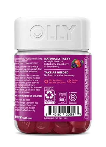 OLLY Extra Strength Elderberry Gummies, Immune Support, 450mg Elderberry, Vitamin C, D and Zinc, Berry - 60 Count