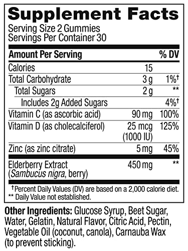 OLLY Extra Strength Elderberry Gummies, Immune Support, 450mg Elderberry, Vitamin C, D and Zinc, Berry - 60 Count