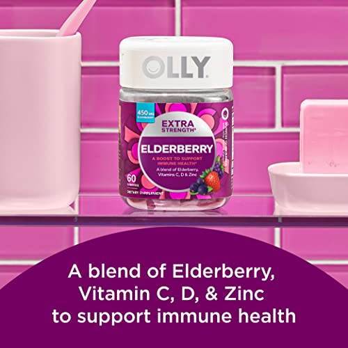 OLLY Extra Strength Elderberry Gummies, Immune Support, 450mg Elderberry, Vitamin C, D and Zinc, Berry - 60 Count